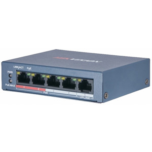 Коммутатор Hikvision DS-3E0105P-E/M(B) 4 RJ45 100M PoE с грозозащитой 6кВ; 1 Uplink порт 100М Ethernet: бюджет PoE 35Вт; поддерживают режим передачи до 250м; таблица MAC адресов на 1000 запис